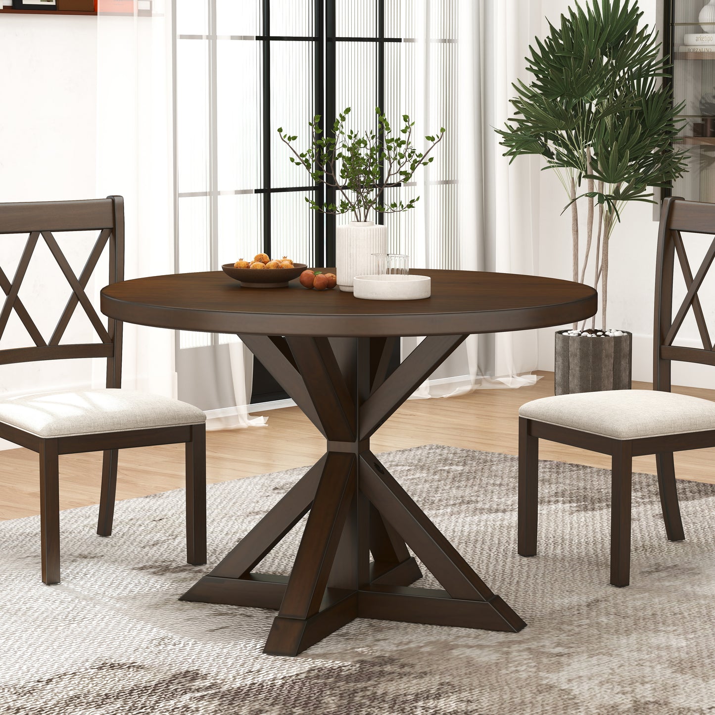 Windvale 5-Piece Dining Set, Cross-Buck Round Table with 4 Stylish Chairs