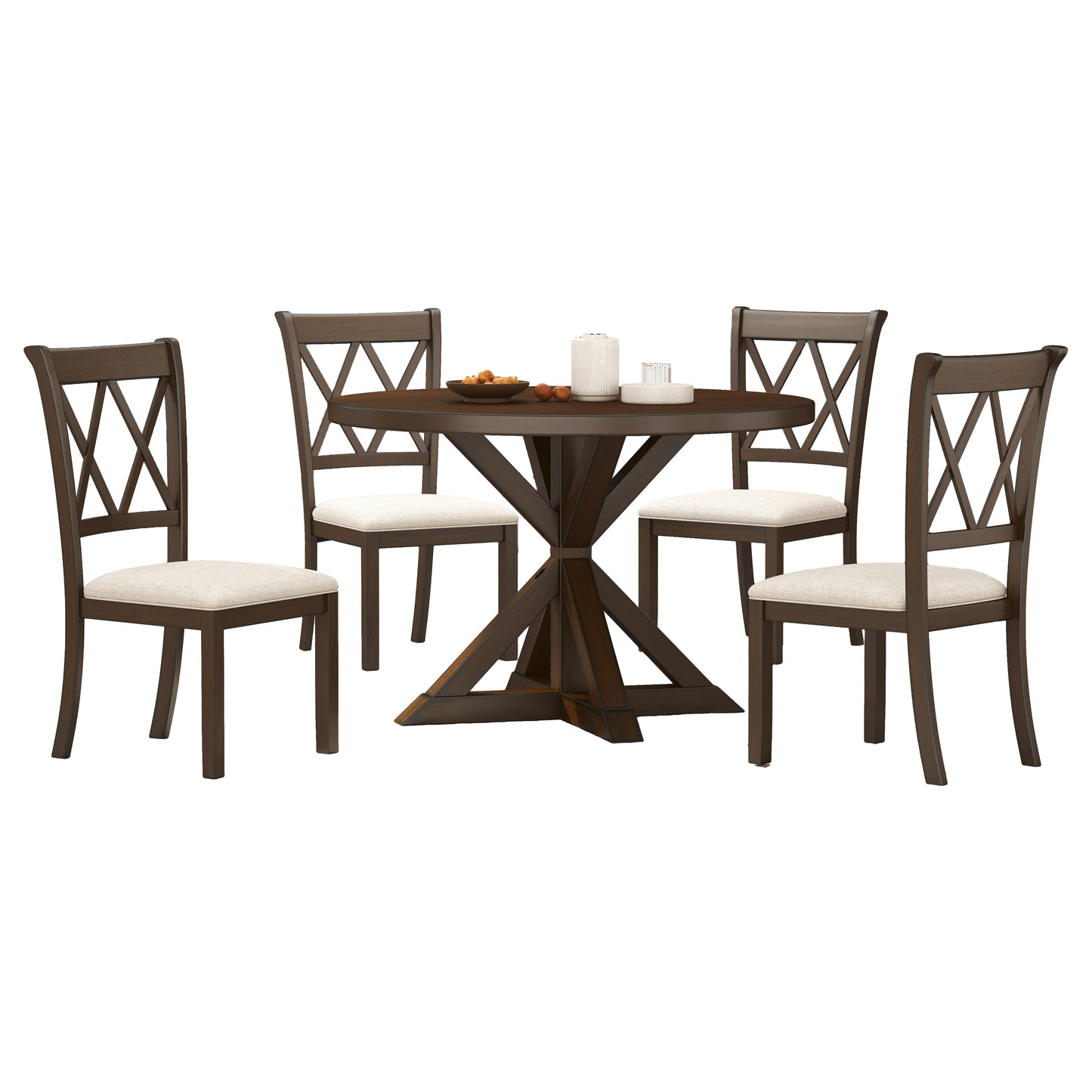 Windvale 5-Piece Dining Set, Cross-Buck Round Table with 4 Stylish Chairs
