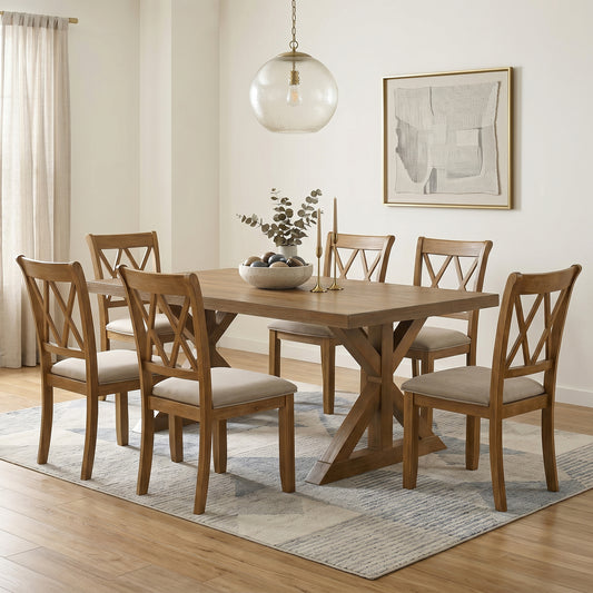 Enna Morden Farmhouse Wood 7-Piece Trestle Dining Set, Brushed Driftwood Finish