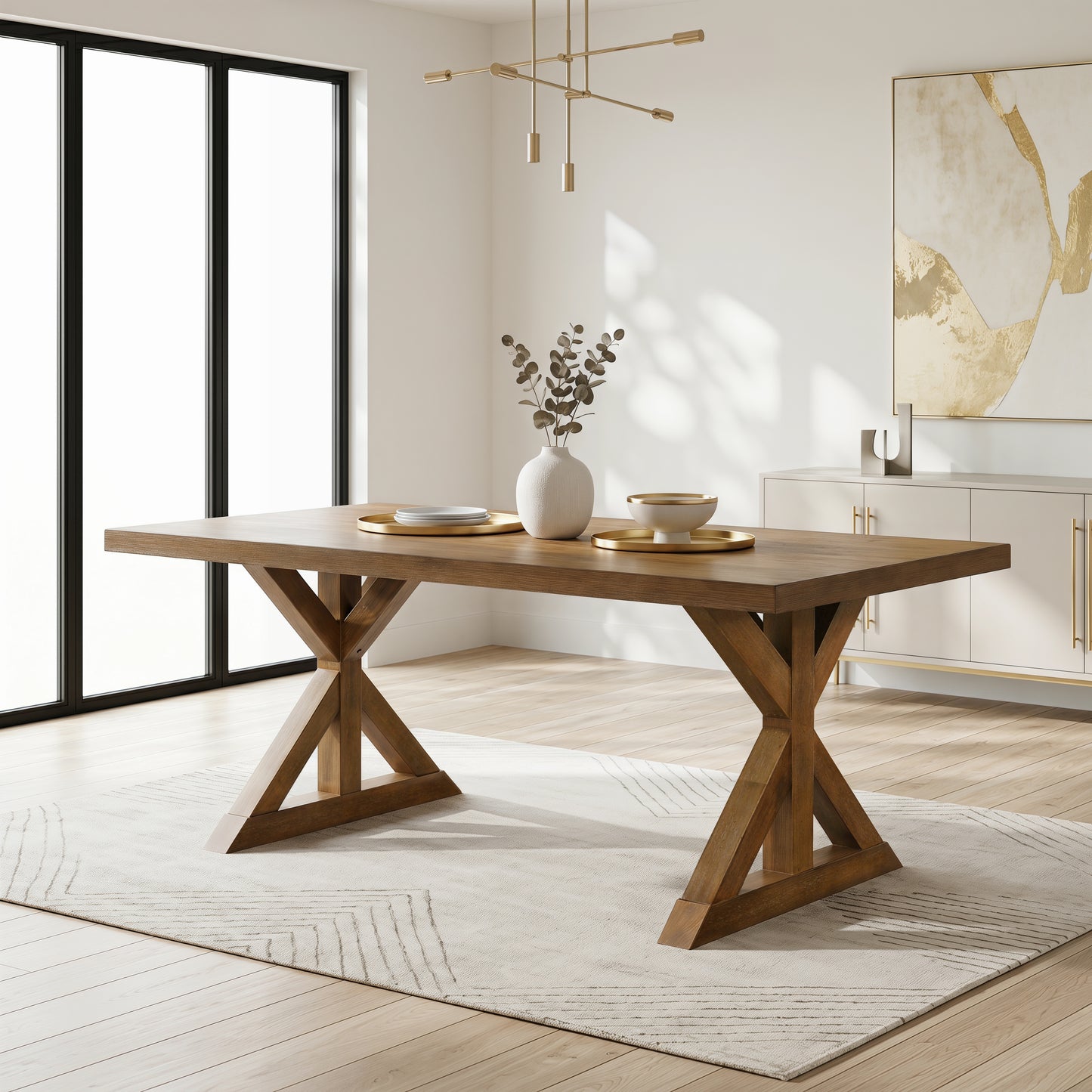 Enna Morden Farmhouse Wood 7-Piece Trestle Dining Set, Brushed Driftwood Finish