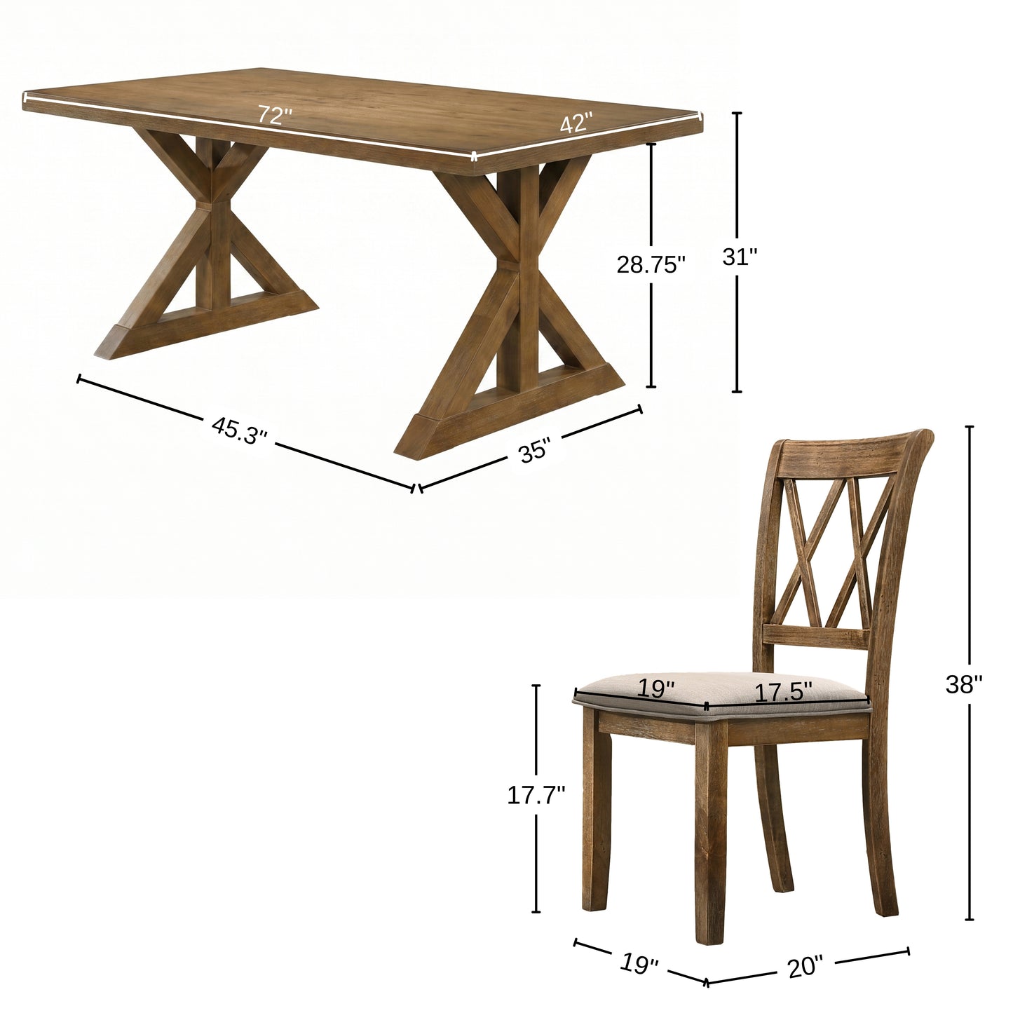 Enna Morden Farmhouse Wood 7-Piece Trestle Dining Set, Brushed Driftwood Finish