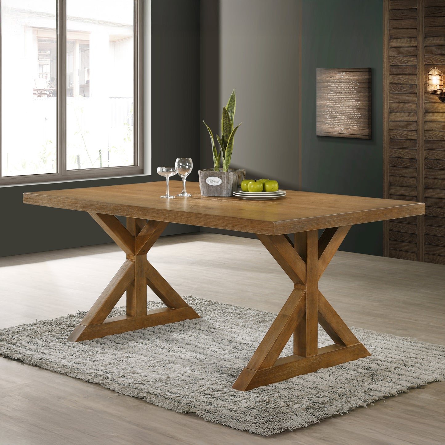 Enna Morden Farmhouse Wood Trestle Dining Table, Brushed Driftwood Finish