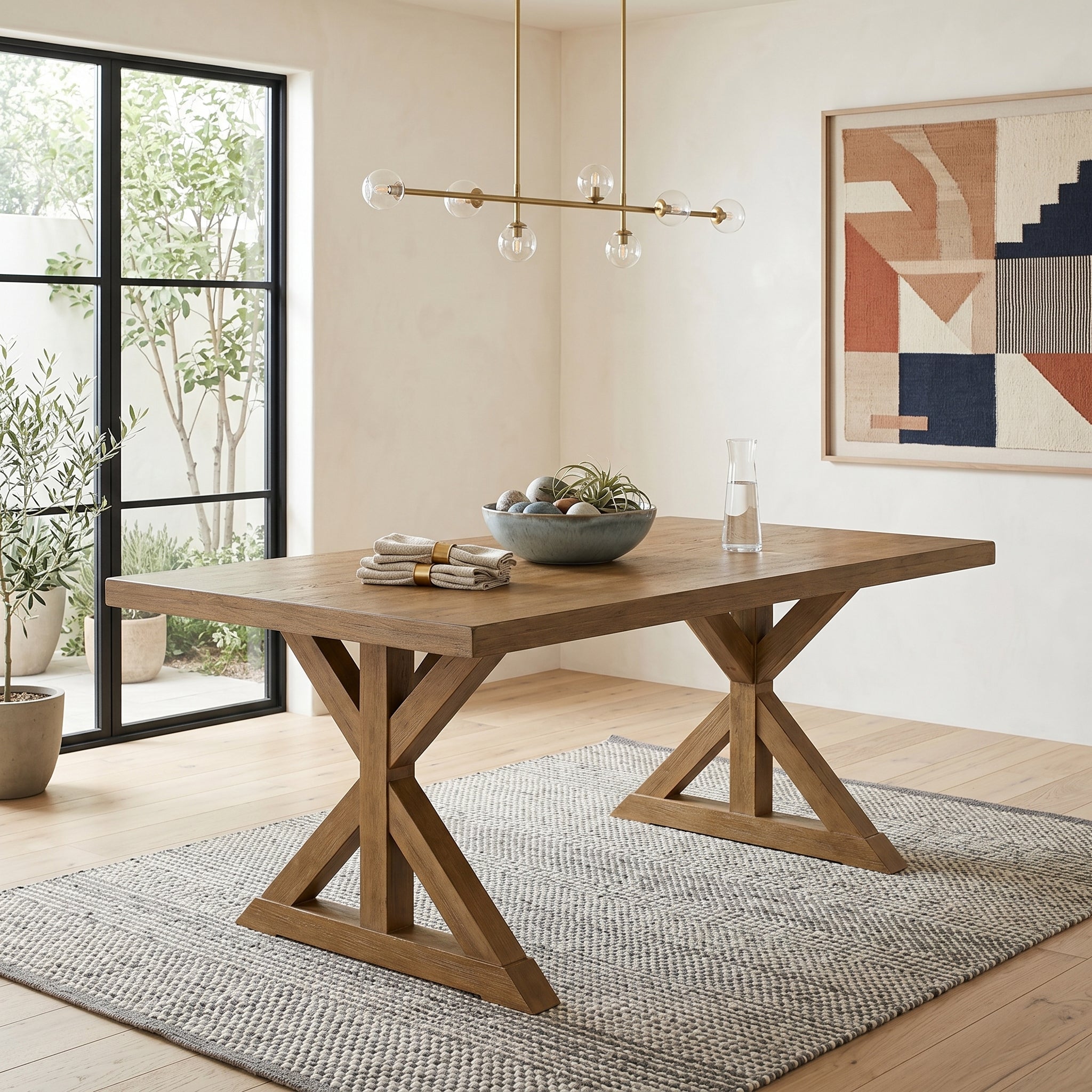 Enna Morden Farmhouse Wood Trestle Dining Table, Brushed Driftwood