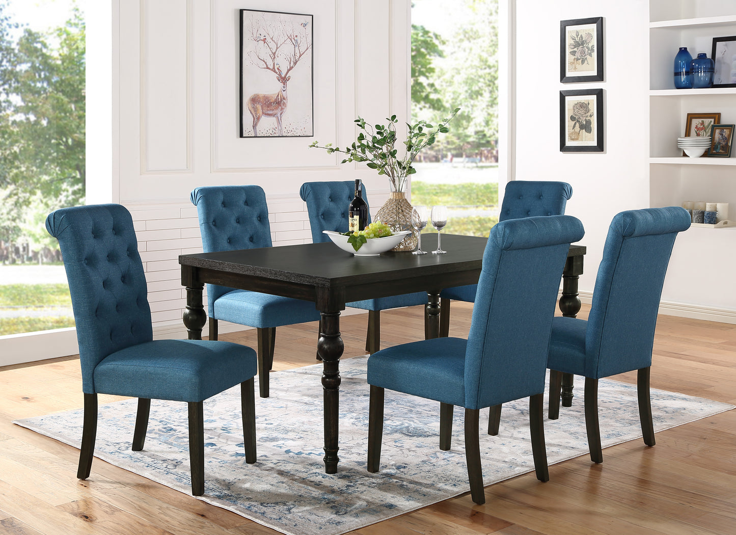 Roundhill Furniture Leviton Urban Style Wood Dark Wash Turned-Leg Dining Set: Table and 6 Chairs, Blue