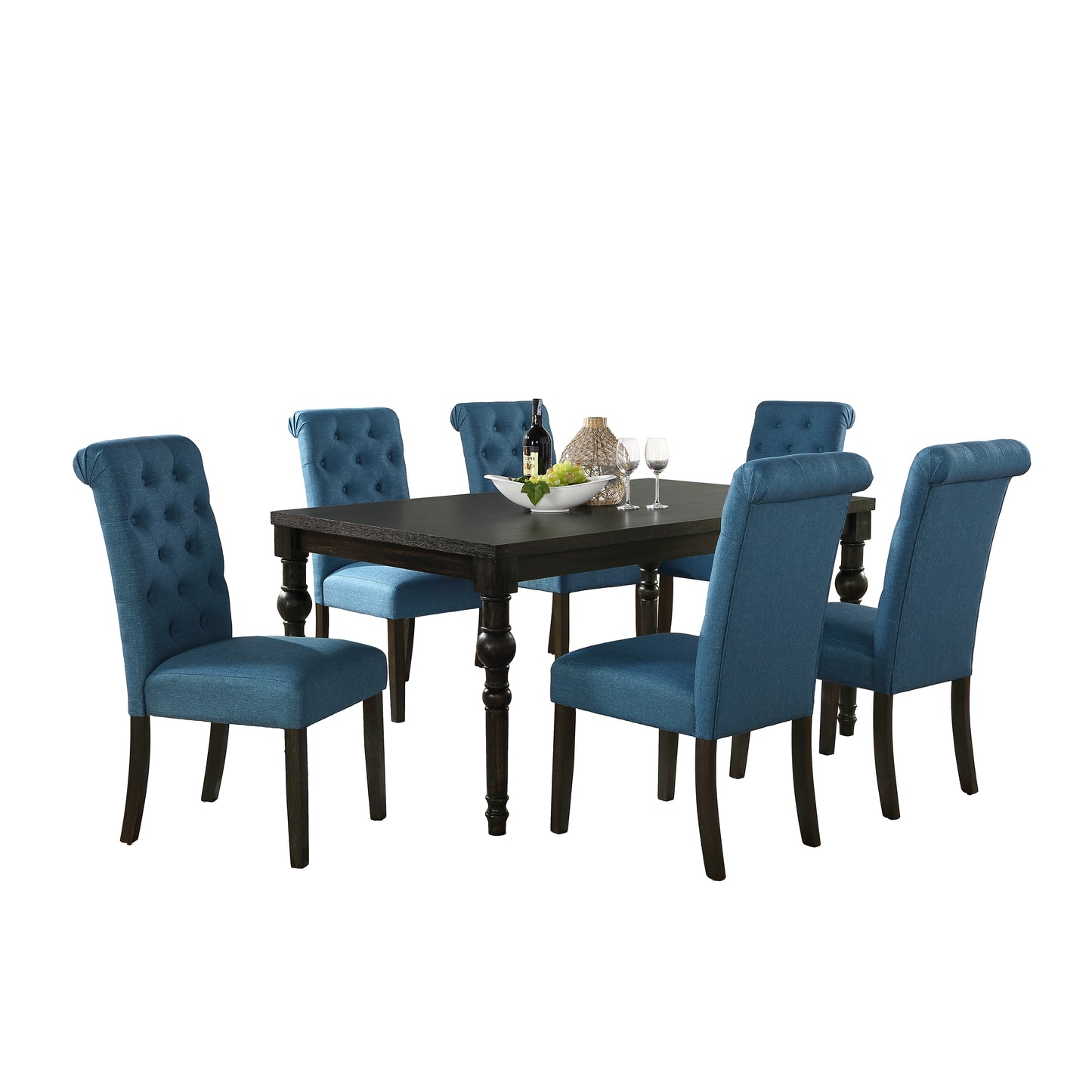 Roundhill Furniture Leviton Urban Style Wood Dark Wash Turned-Leg Dining Set: Table and 6 Chairs, Blue
