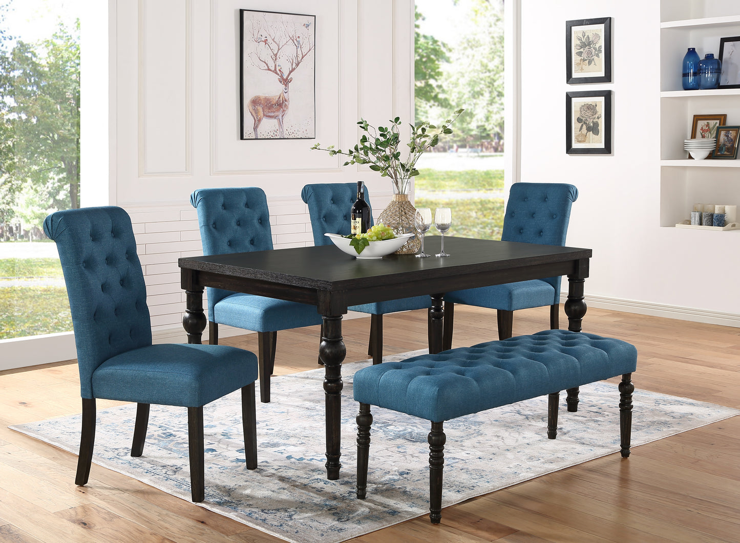 Roundhill Furniture Leviton Urban Style Dark Wash Wood Dining Set: Table, 4 Chairs and Bench, Blue