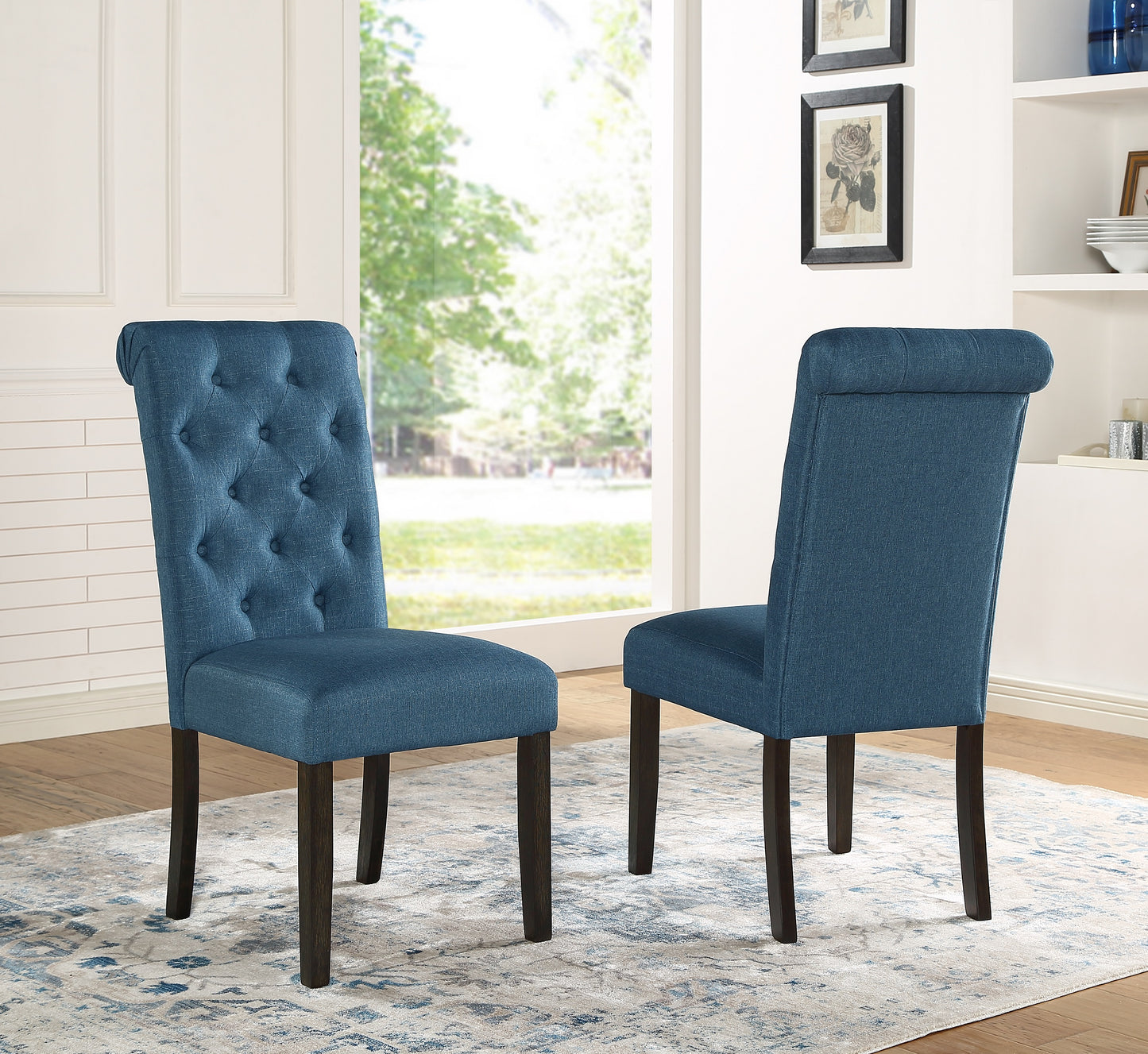 Roundhill Furniture Leviton Urban Style Dark Wash Wood Dining Set: Table, 4 Chairs and Bench, Blue