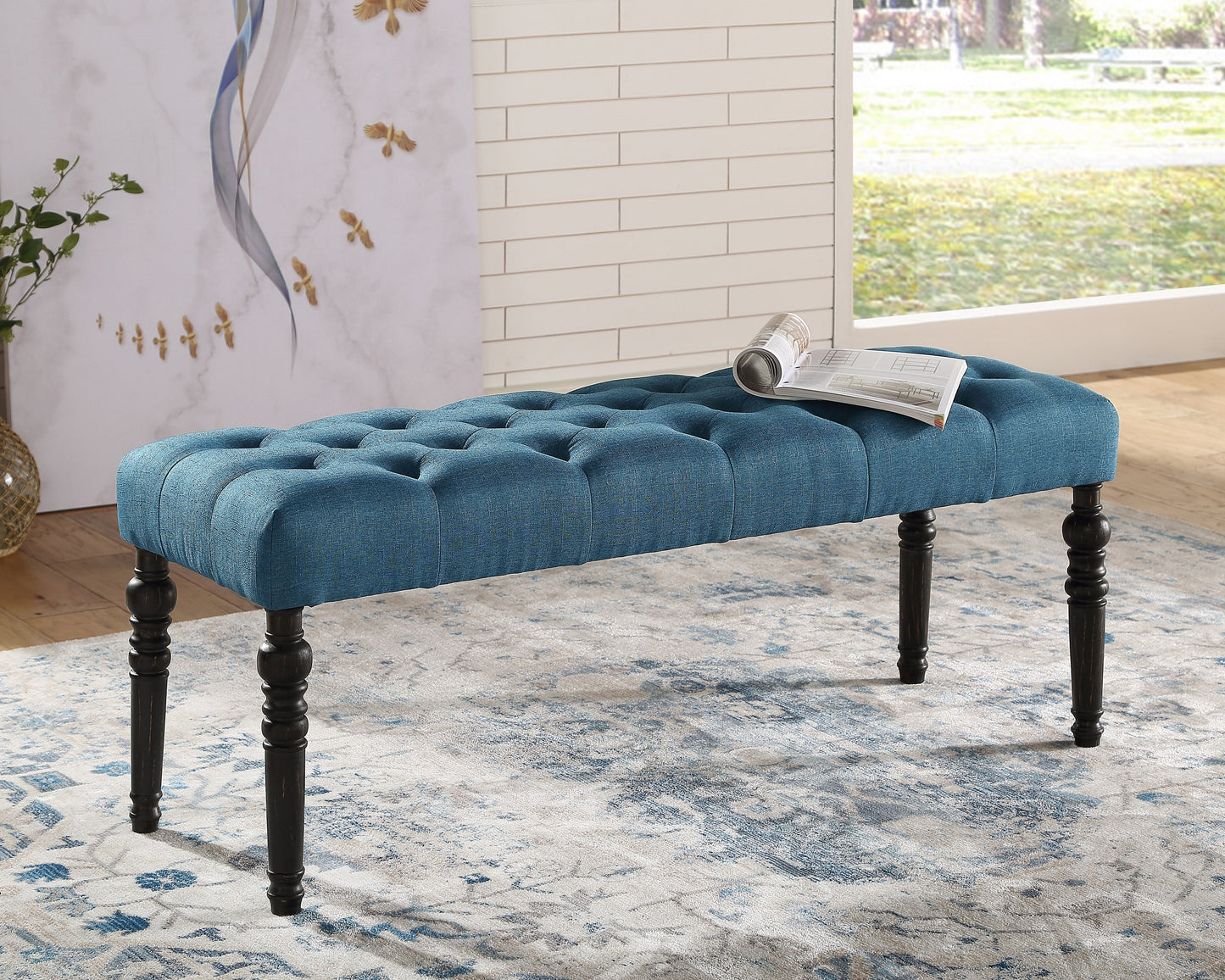 Roundhill Furniture Leviton Urban Style Dark Wash Wood Dining Set: Table, 4 Chairs and Bench, Blue