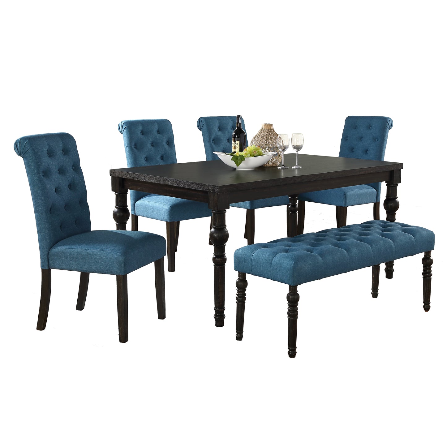 Roundhill Furniture Leviton Urban Style Dark Wash Wood Dining Set: Table, 4 Chairs and Bench, Blue