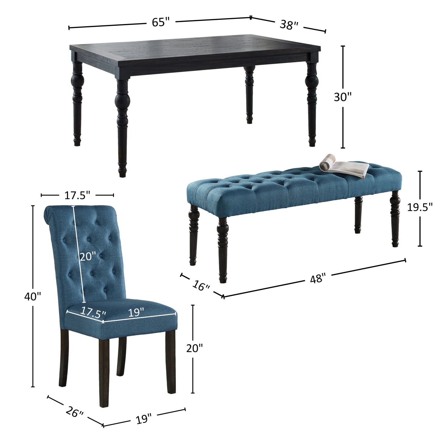 Roundhill Furniture Leviton Urban Style Dark Wash Wood Dining Set: Table, 4 Chairs and Bench, Blue