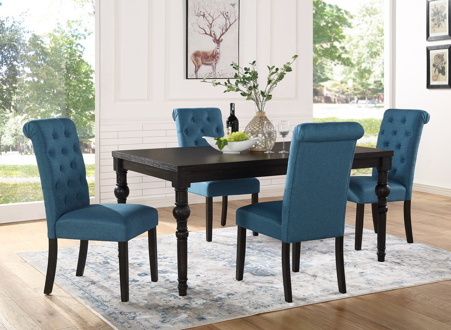 Roundhill Furniture Leviton Urban Style Wood Dark Wash Turned-Leg Dining Set: Table and 4 Chairs, Blue