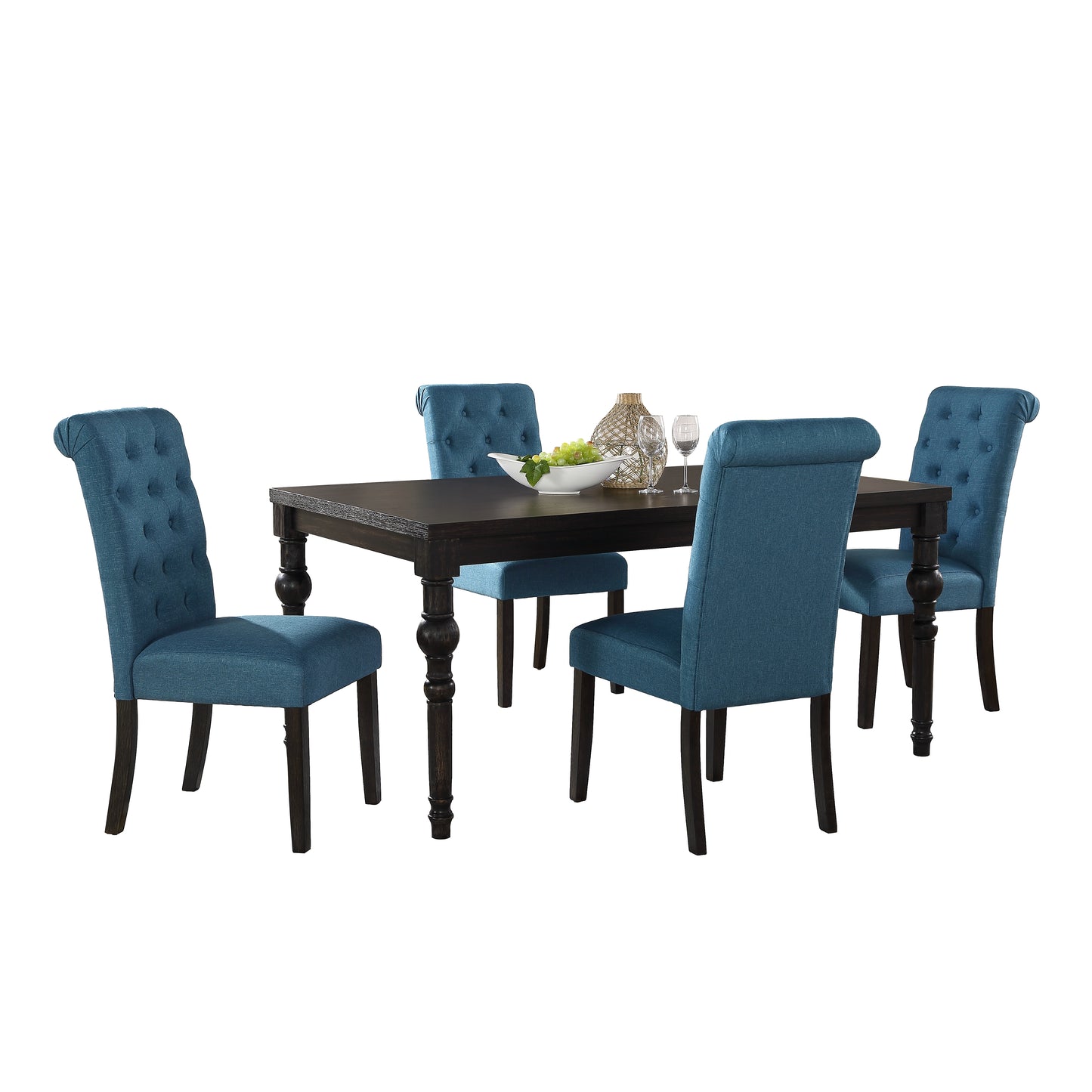 Roundhill Furniture Leviton Urban Style Wood Dark Wash Turned-Leg Dining Set: Table and 4 Chairs, Blue