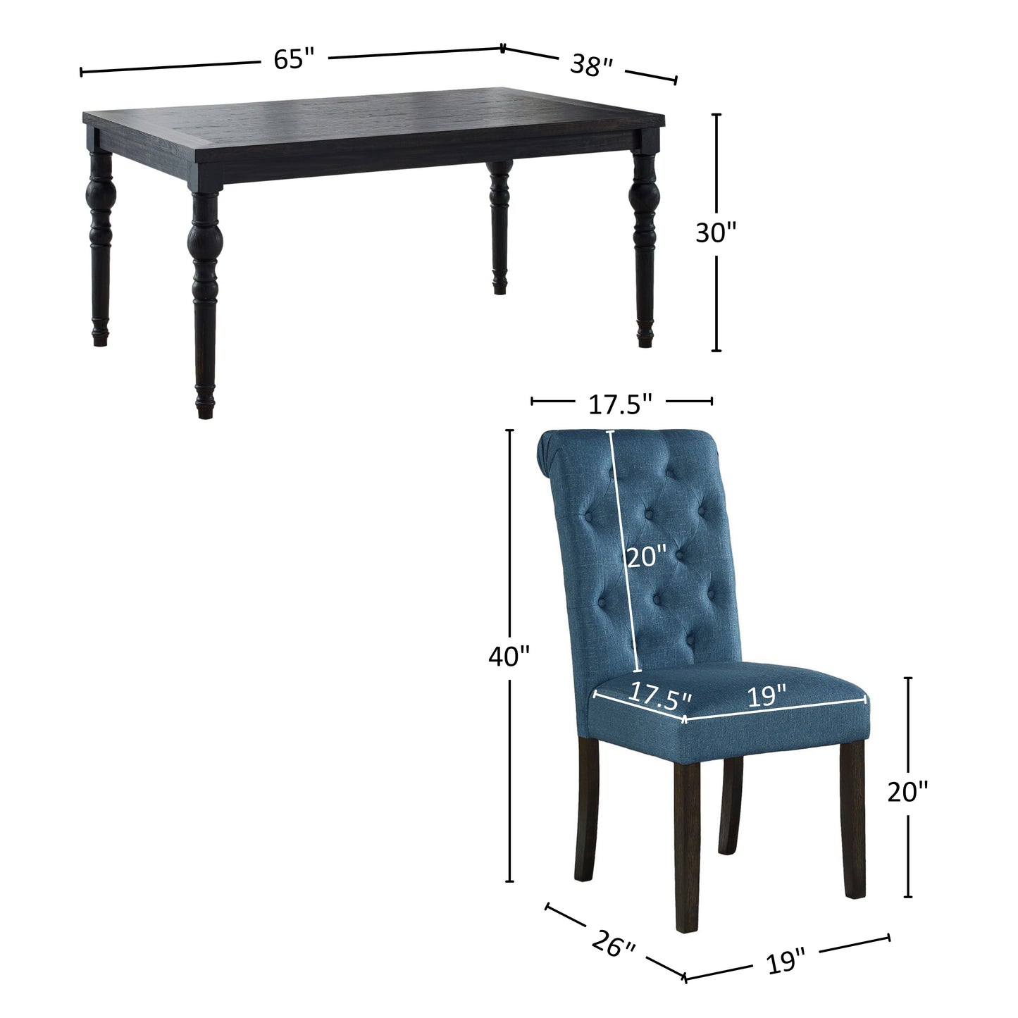 Roundhill Furniture Leviton Urban Style Wood Dark Wash Turned-Leg Dining Set: Table and 4 Chairs, Blue