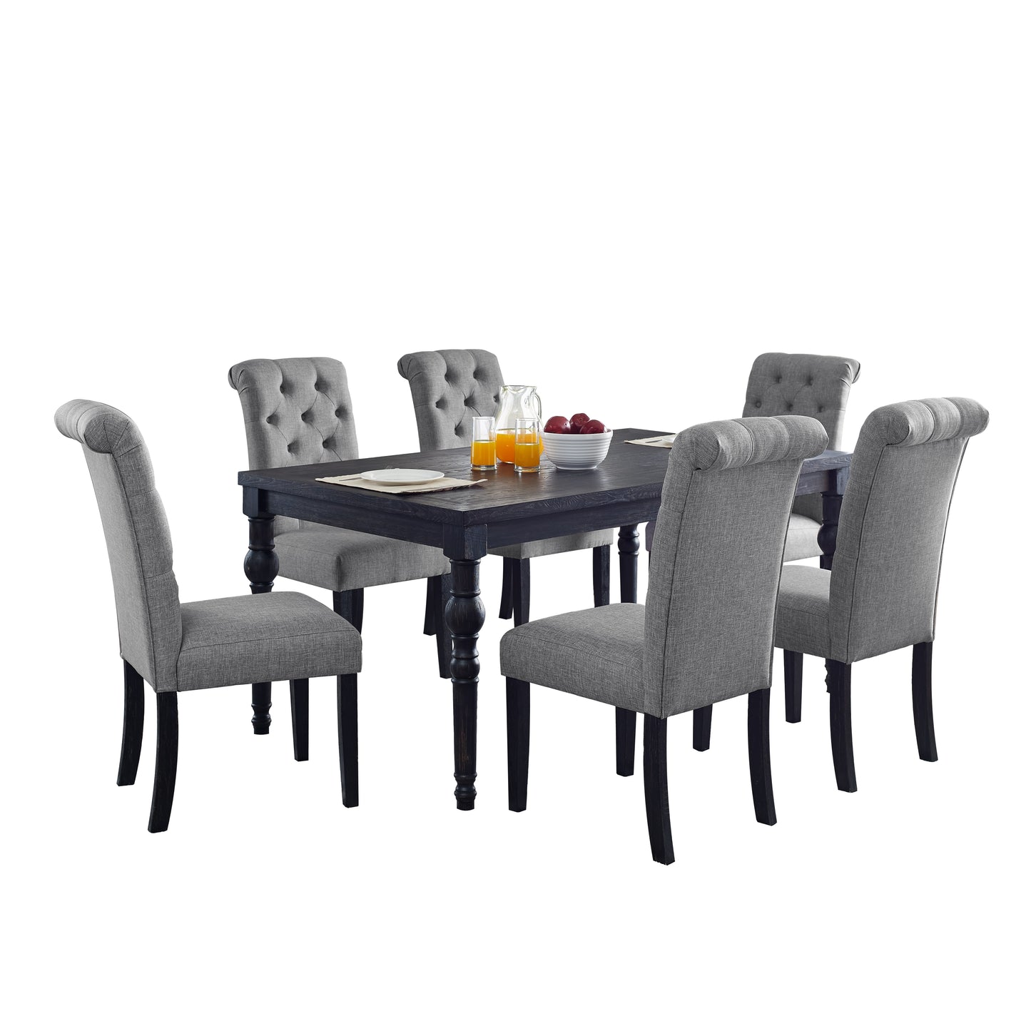Roundhill Furniture Leviton Urban Style Wood Dark Wash Turned-Leg Dining Set: Table and 6 Chairs, Gray