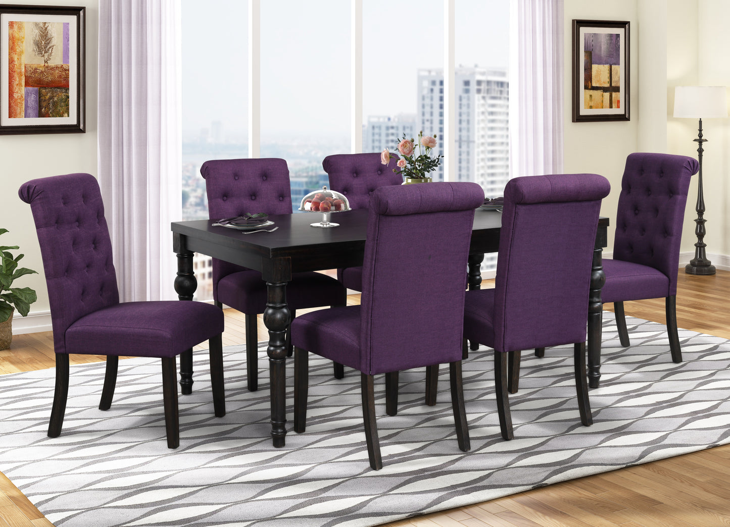 Roundhill Furniture Leviton Urban Style Dining Set: Table and 6 Chairs, Purple