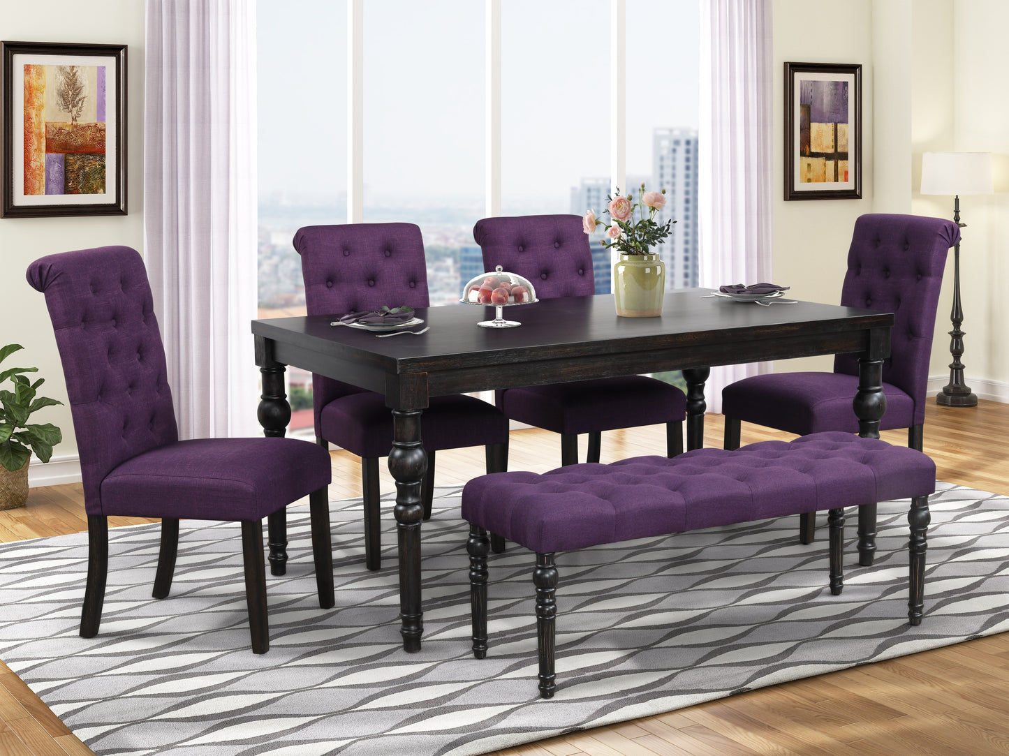 Roundhill Furniture Leviton Urban Style Dark Wash Wood Dining Set: Table, 4 Chairs and Bench, Purple