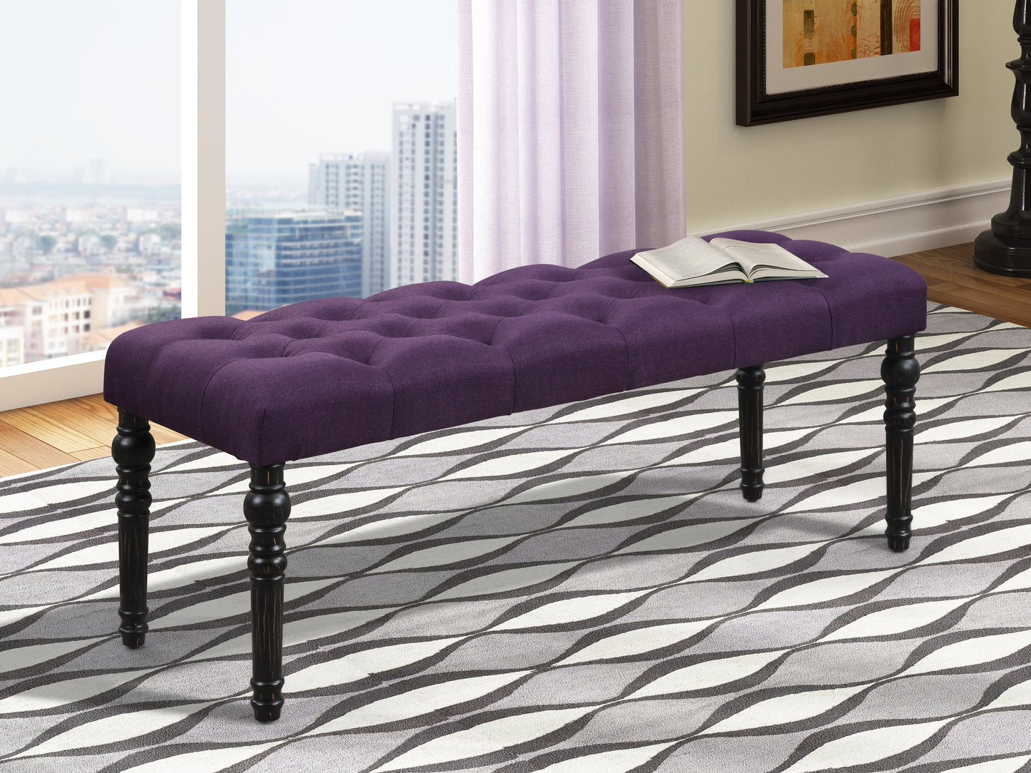 Roundhill Furniture Leviton Urban Style Dark Wash Wood Dining Set: Table, 4 Chairs and Bench, Purple