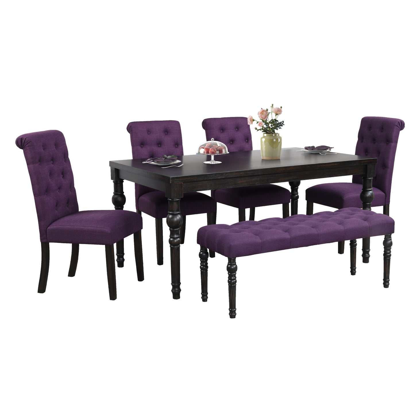 Roundhill Furniture Leviton Urban Style Dark Wash Wood Dining Set: Table, 4 Chairs and Bench, Purple