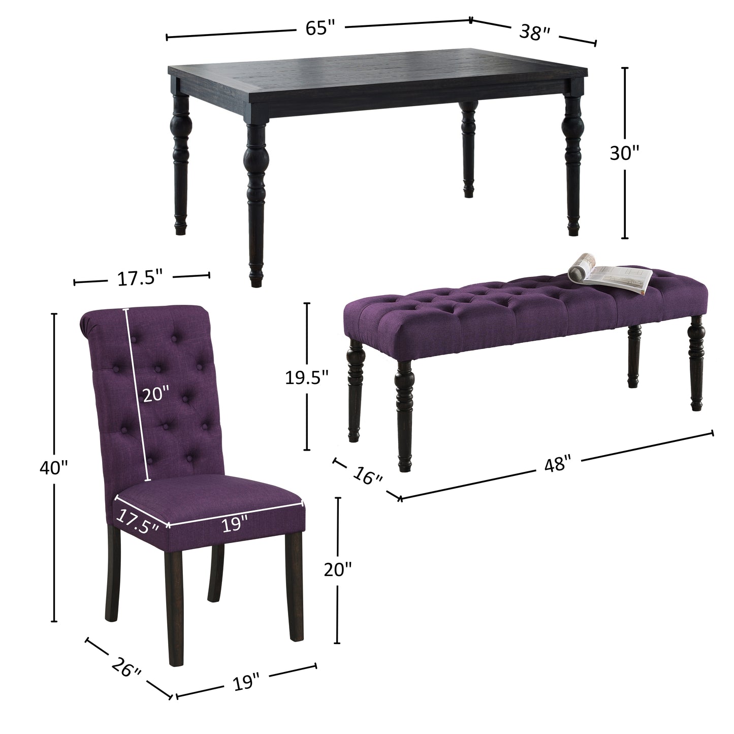 Roundhill Furniture Leviton Urban Style Dark Wash Wood Dining Set: Table, 4 Chairs and Bench, Purple