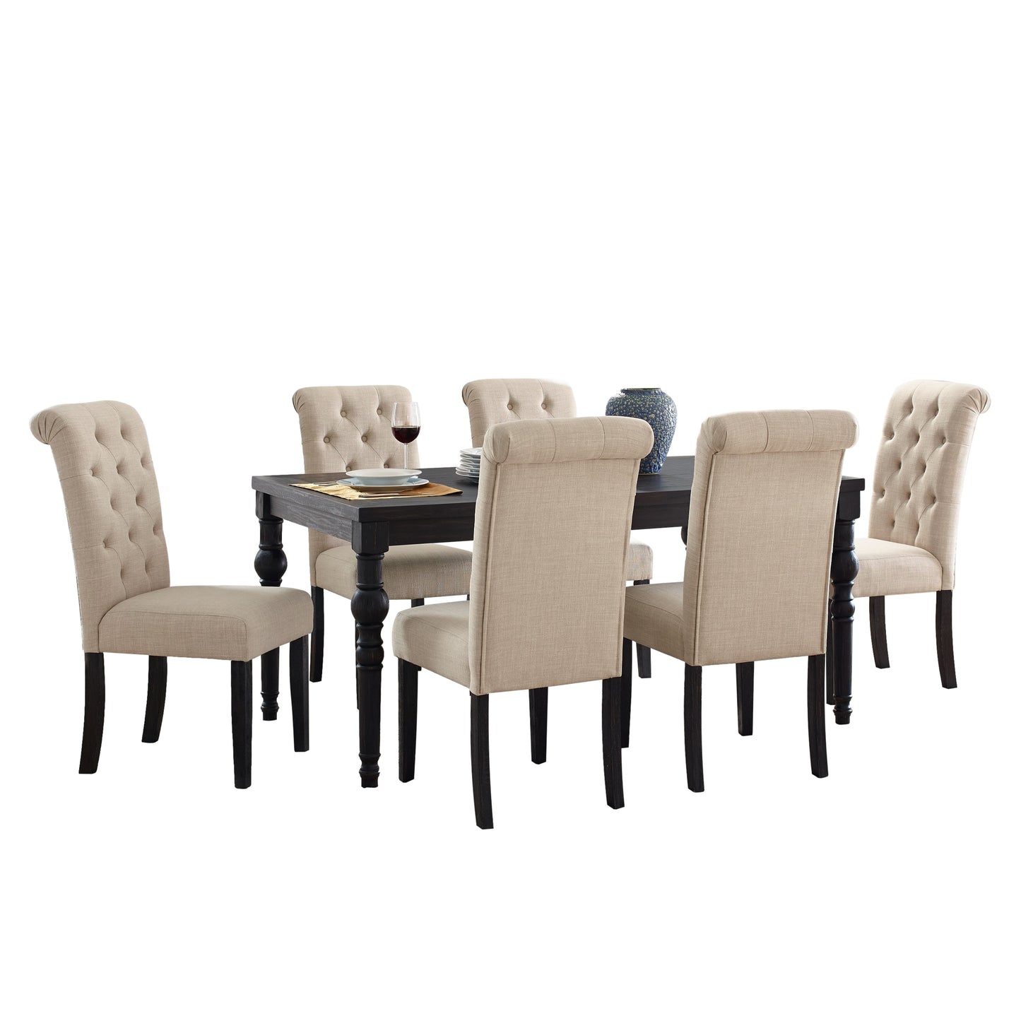 Roundhill Furniture Leviton Urban Style Wood Dark Wash Turned-Leg Dining Set: Table and 6 Chairs, Tan
