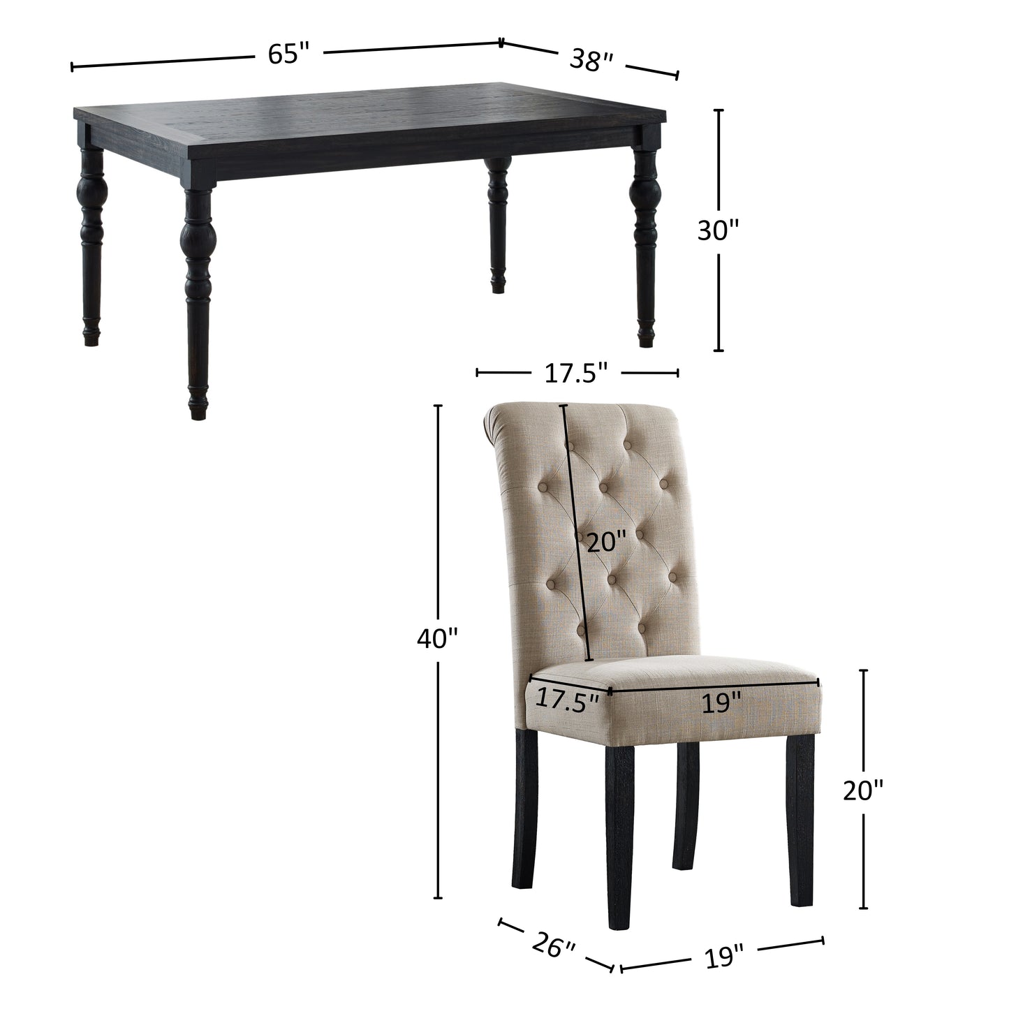 Roundhill Furniture Leviton Urban Style Wood Dark Wash Turned-Leg Dining Set: Table and 6 Chairs, Tan