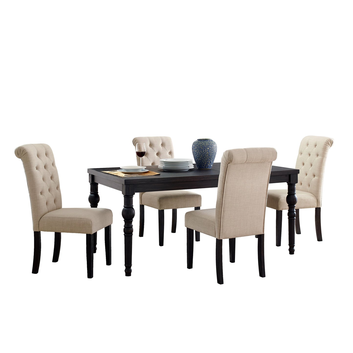 Roundhill Furniture Leviton Urban Style Wood Dark Wash Turned-Leg Dining Set: Table and 4 Chairs, Tan