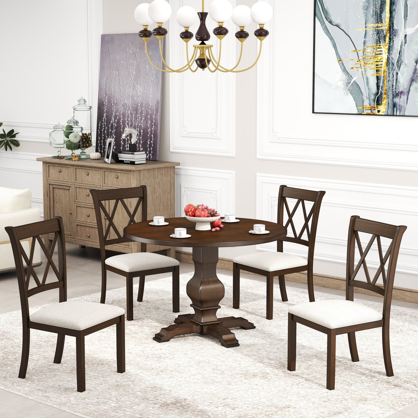 Havre 5-Piece Dining Set, Pedestal Round Table with 4 Stylish Chairs