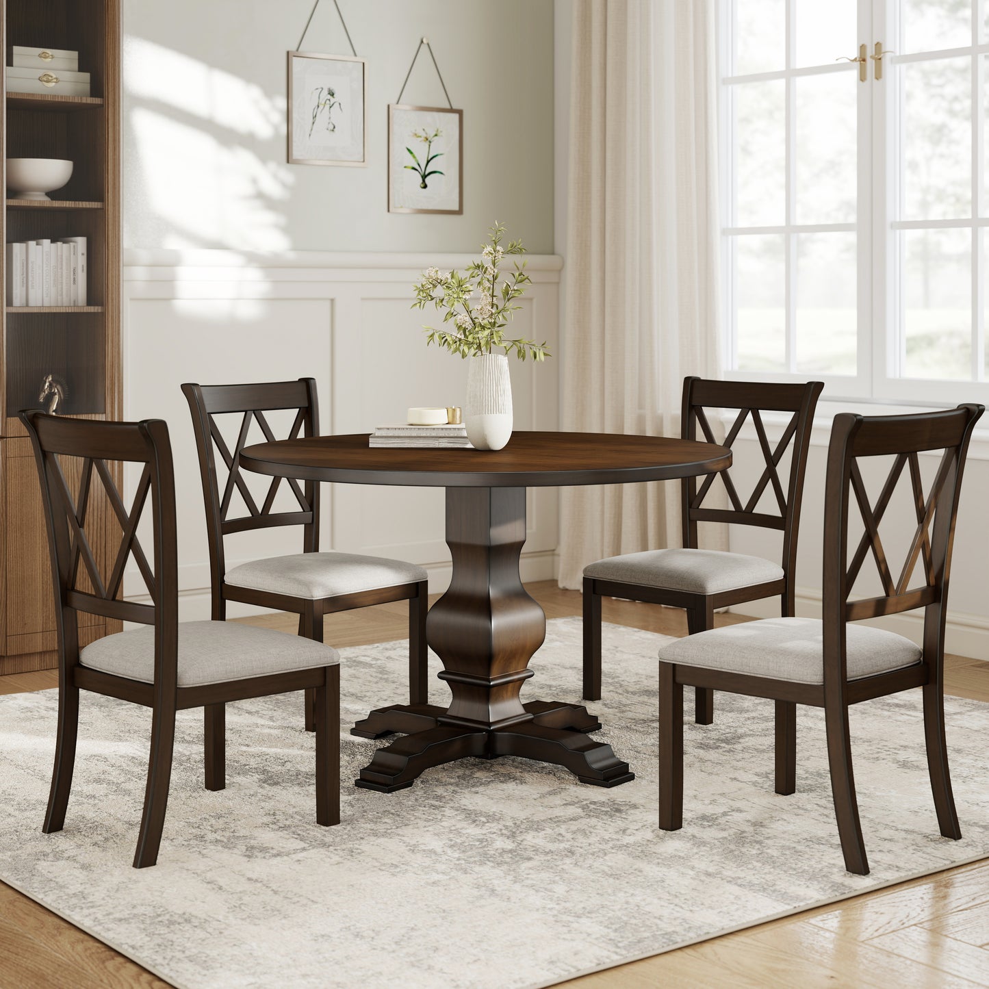 Havre 5-Piece Dining Set, Pedestal Round Table with 4 Stylish Chairs