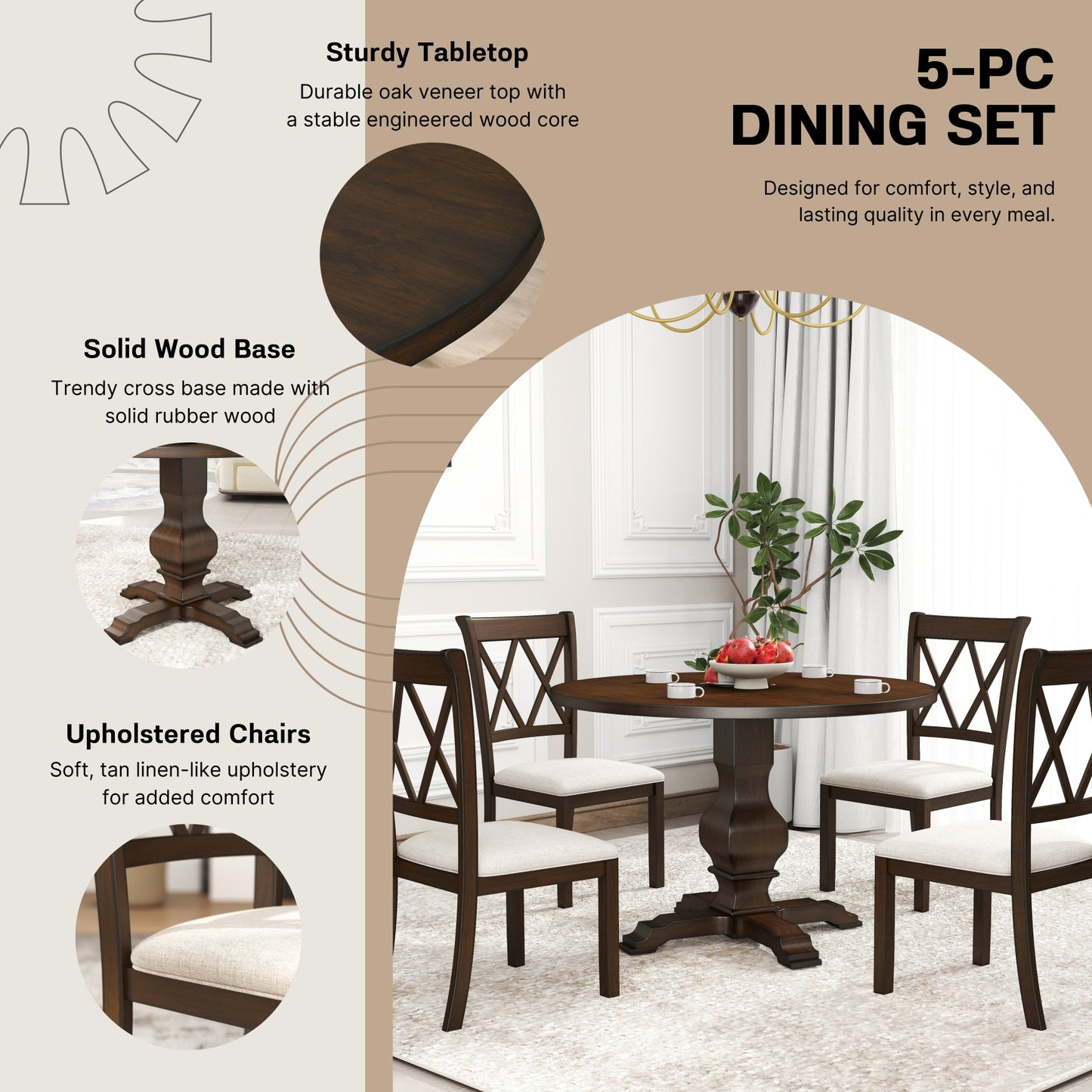 Havre 5-Piece Dining Set, Pedestal Round Table with 4 Stylish Chairs