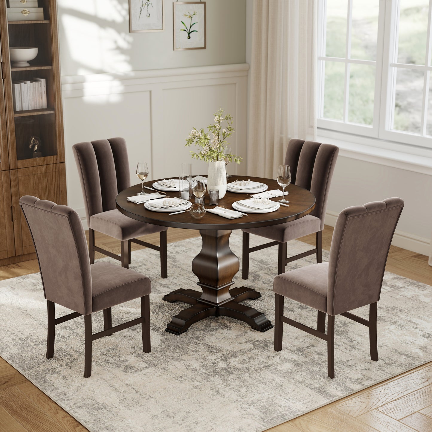 Roundhill Furniture Havre 5-Piece Dining Set, Pedestal Round Table with 4 Stylish Chairs, Espresso