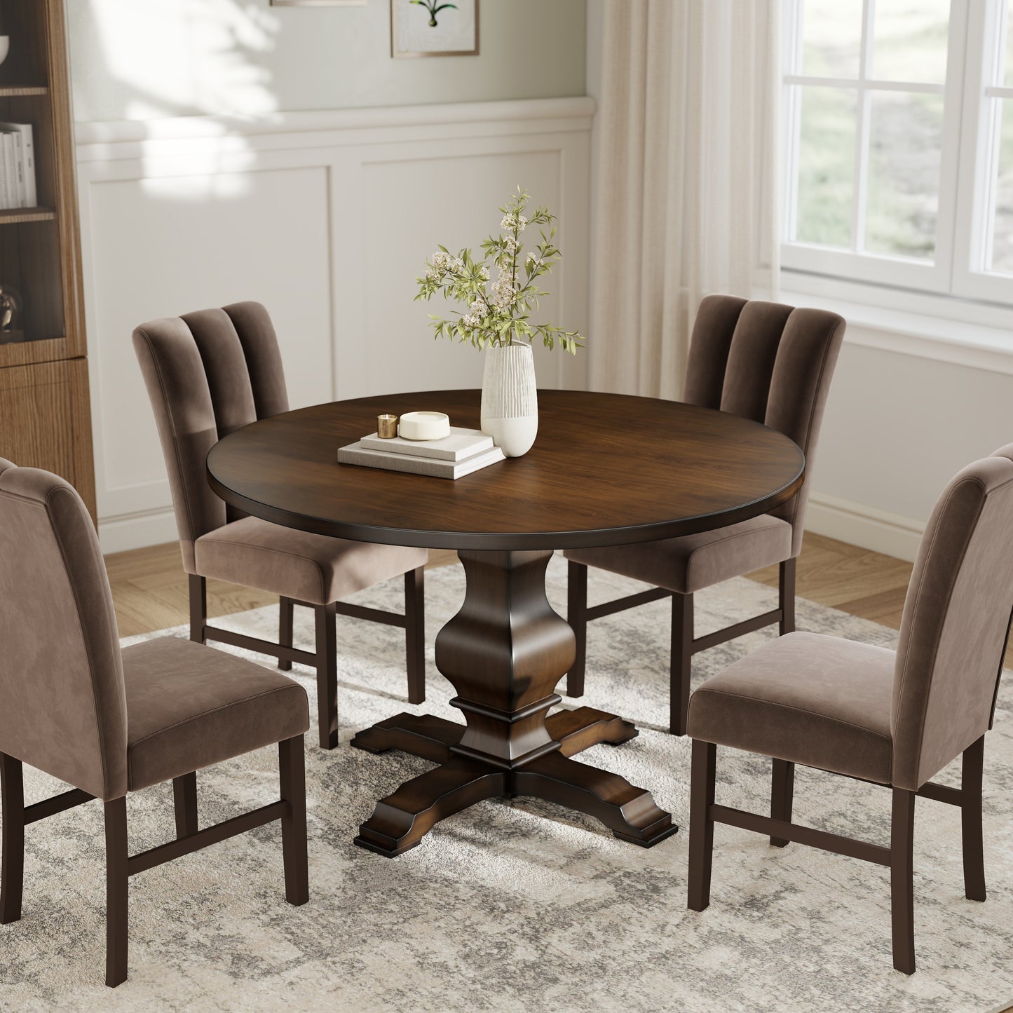 Roundhill Furniture Havre 5-Piece Dining Set, Pedestal Round Table with 4 Stylish Chairs, Espresso