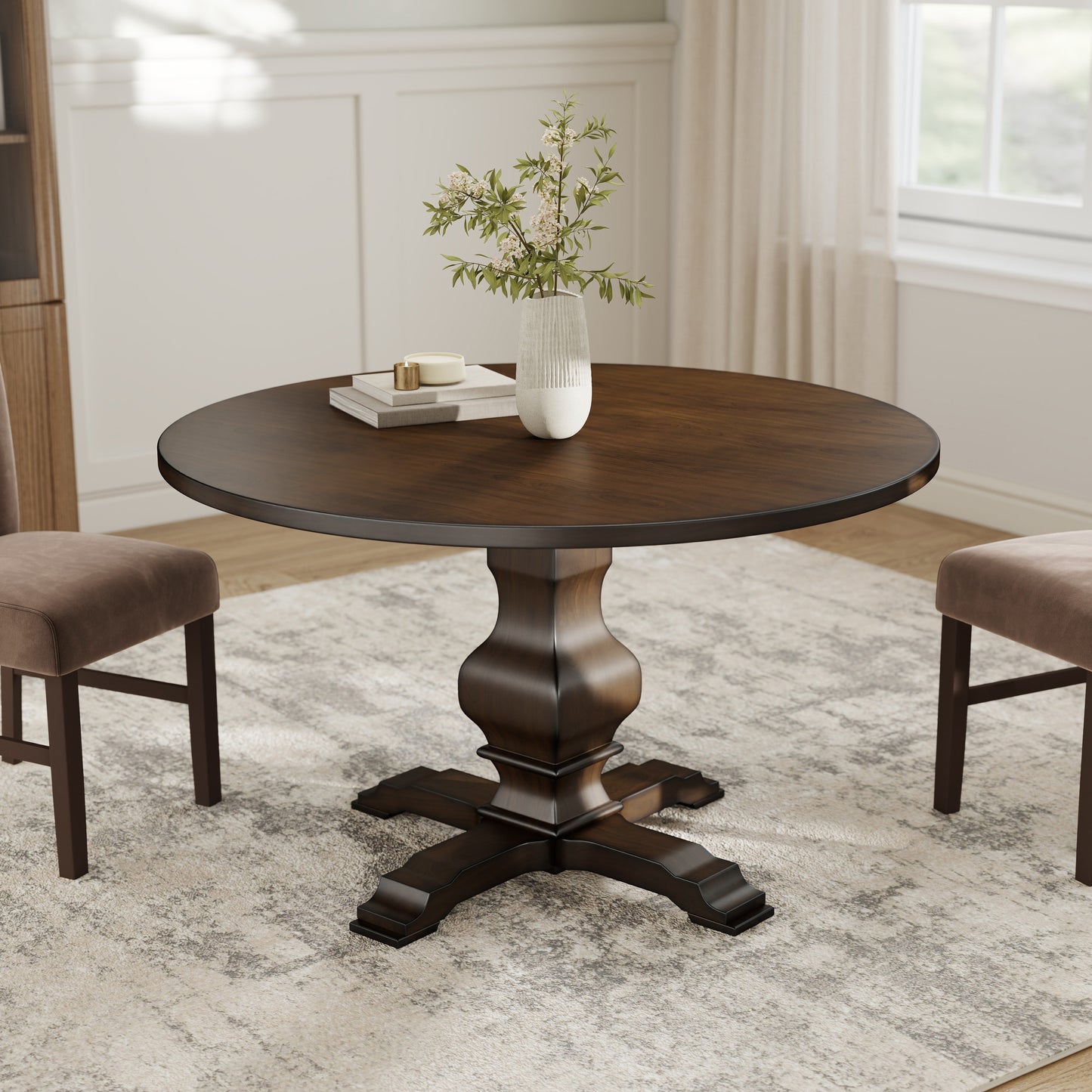 Roundhill Furniture Havre 5-Piece Dining Set, Pedestal Round Table with 4 Stylish Chairs, Espresso