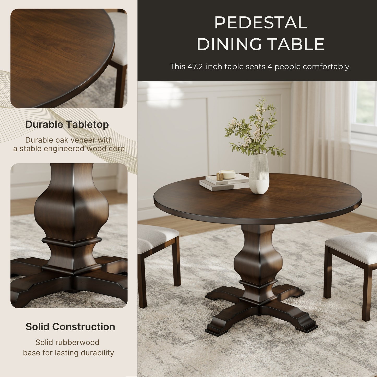 Roundhill Furniture Havre 5-Piece Dining Set, Pedestal Round Table with 4 Stylish Chairs, Espresso