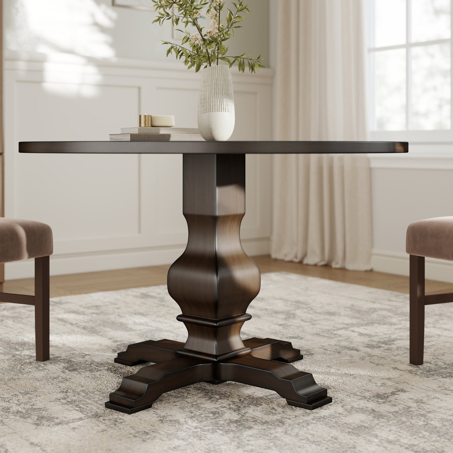 Roundhill Furniture Havre 5-Piece Dining Set, Pedestal Round Table with 4 Stylish Chairs, Espresso