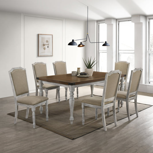 Roundhill Furniture Salines 7-Piece Dining Set, Table with 6 Upholstered Chairs, Rustic White and Oak
