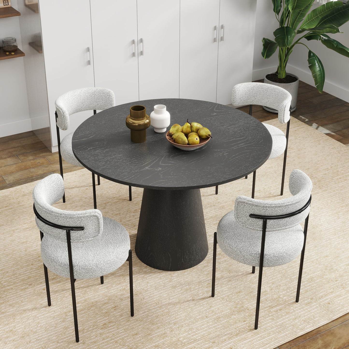 Corff 5-Piece Round Dining Set, Pedastal Dining Table with 4 Boucle Chairs