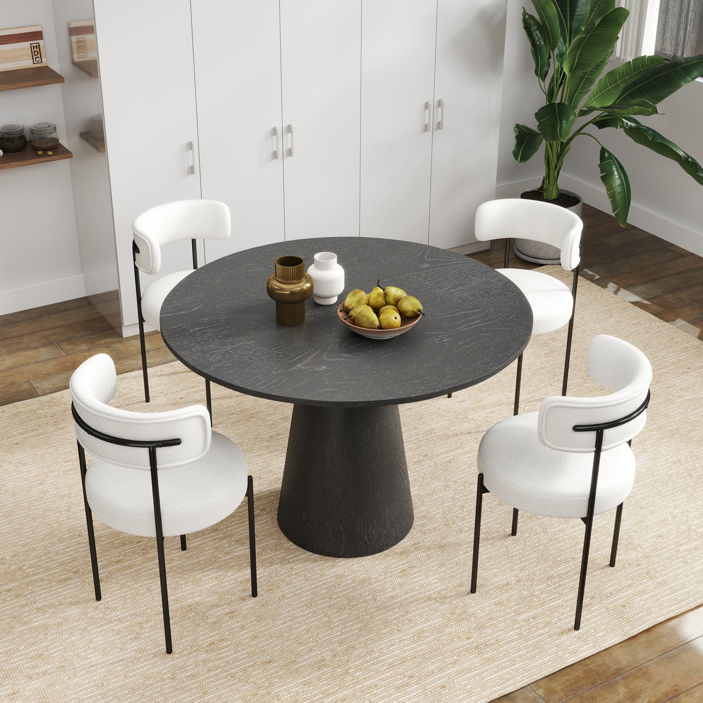 Corff 5-Piece Round Dining Set, Pedastal Dining Table with 4 Boucle Chairs