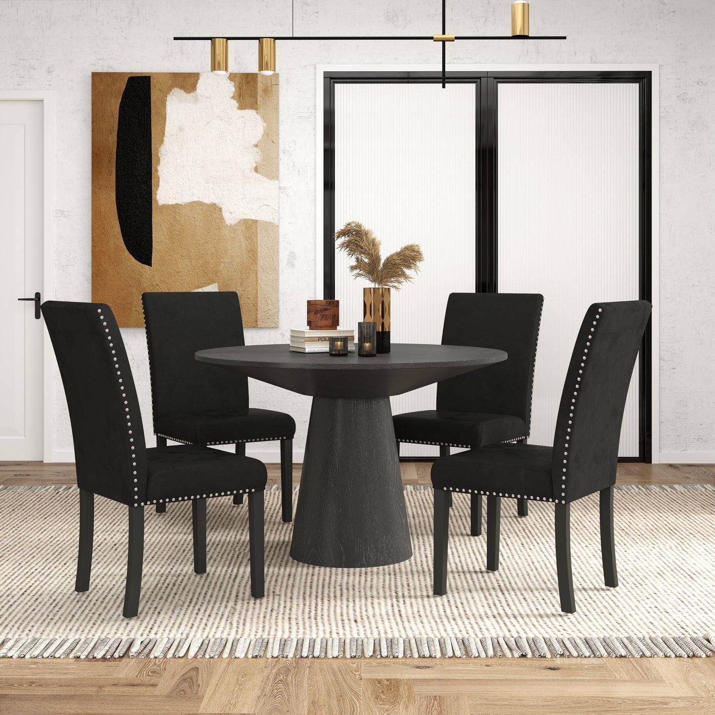 Aurora 5-Piece Round Dining Set, Pedestal Dining Table with 4 Velvet Chairs