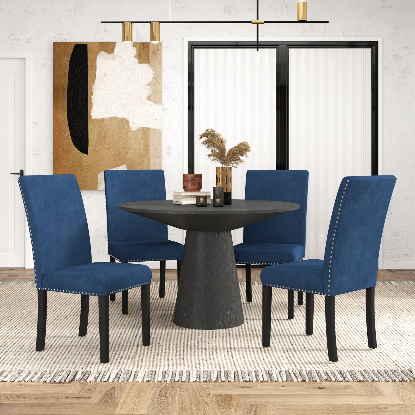 Aurora 5-Piece Round Dining Set, Pedestal Dining Table with 4 Velvet Chairs