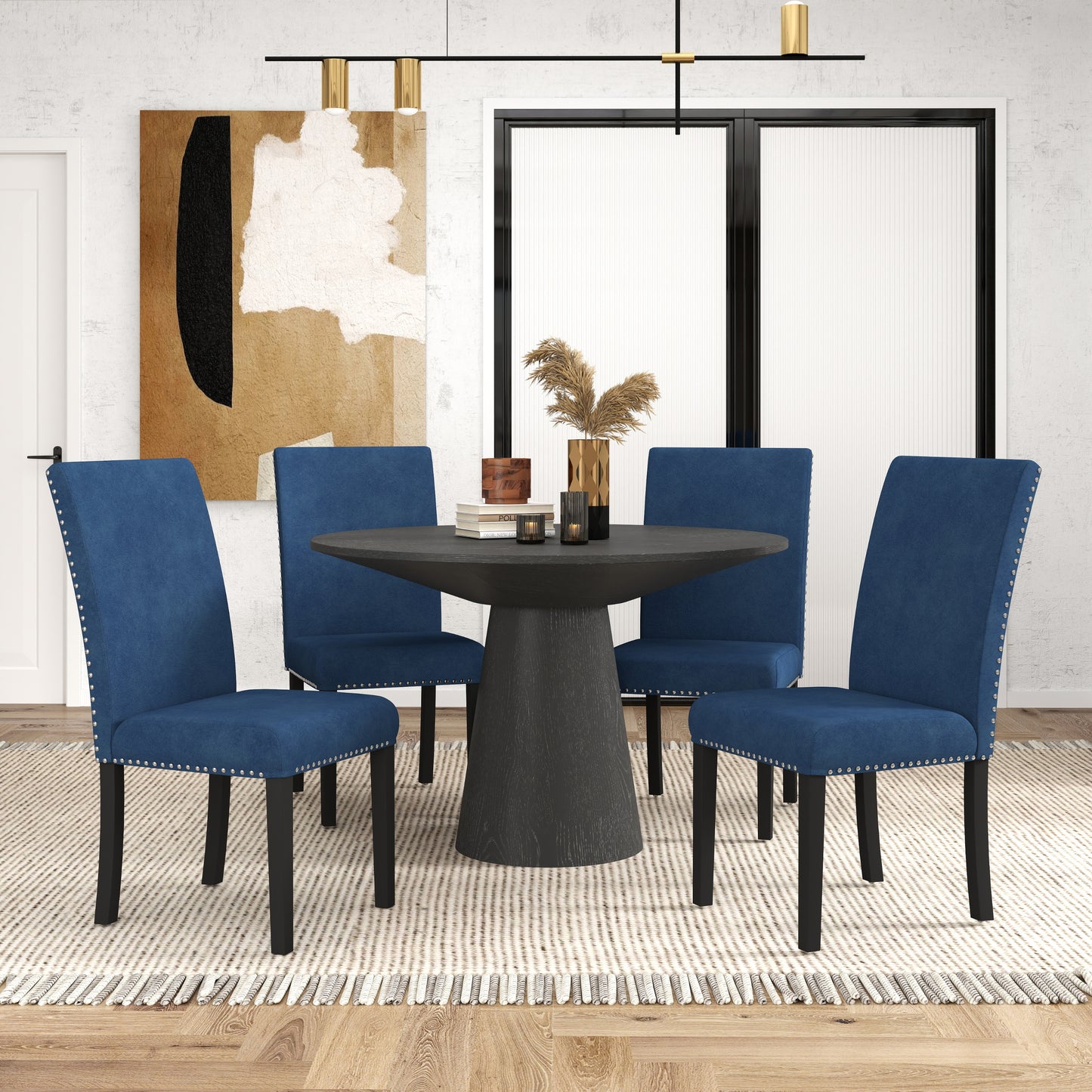 Aurora 5-Piece Round Dining Set, Pedestal Dining Table with 4 Velvet Chairs