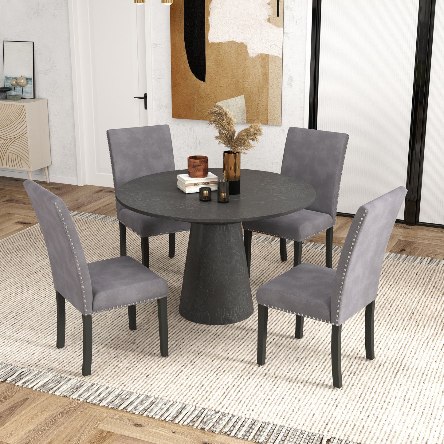 Aurora 5-Piece Round Dining Set, Pedestal Dining Table with 4 Velvet Chairs