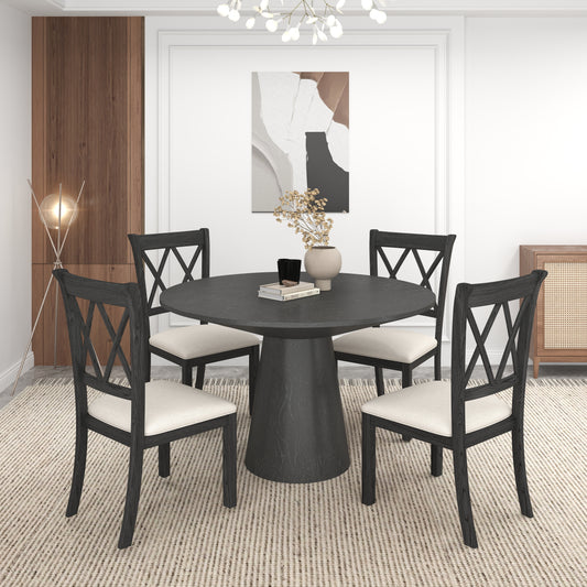 Delta 5-Piece Round Dining Set, Pedestal Dining Table with 4 Cross-back Chairs