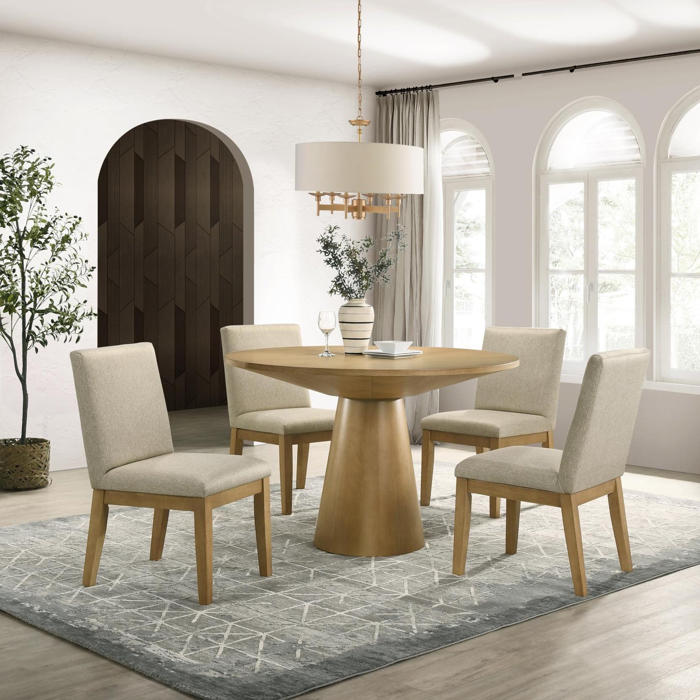 Roundhill Furniture Rocco Contemporary Dining Set, Round Pedestal Table with 4 Chairs