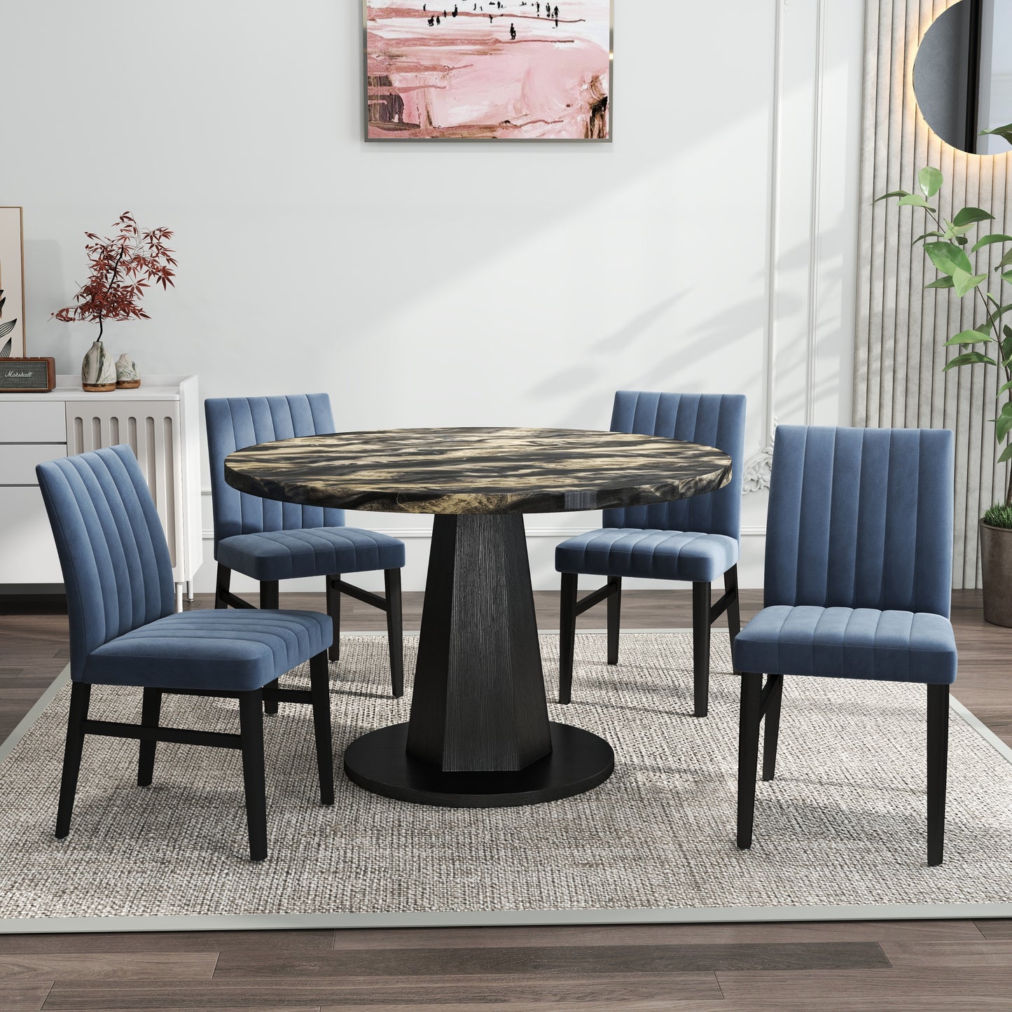 Roundhill Furniture Cavira 5-Piece Modern Dining Set, Faux Marble Dining Table with Four Chairs
