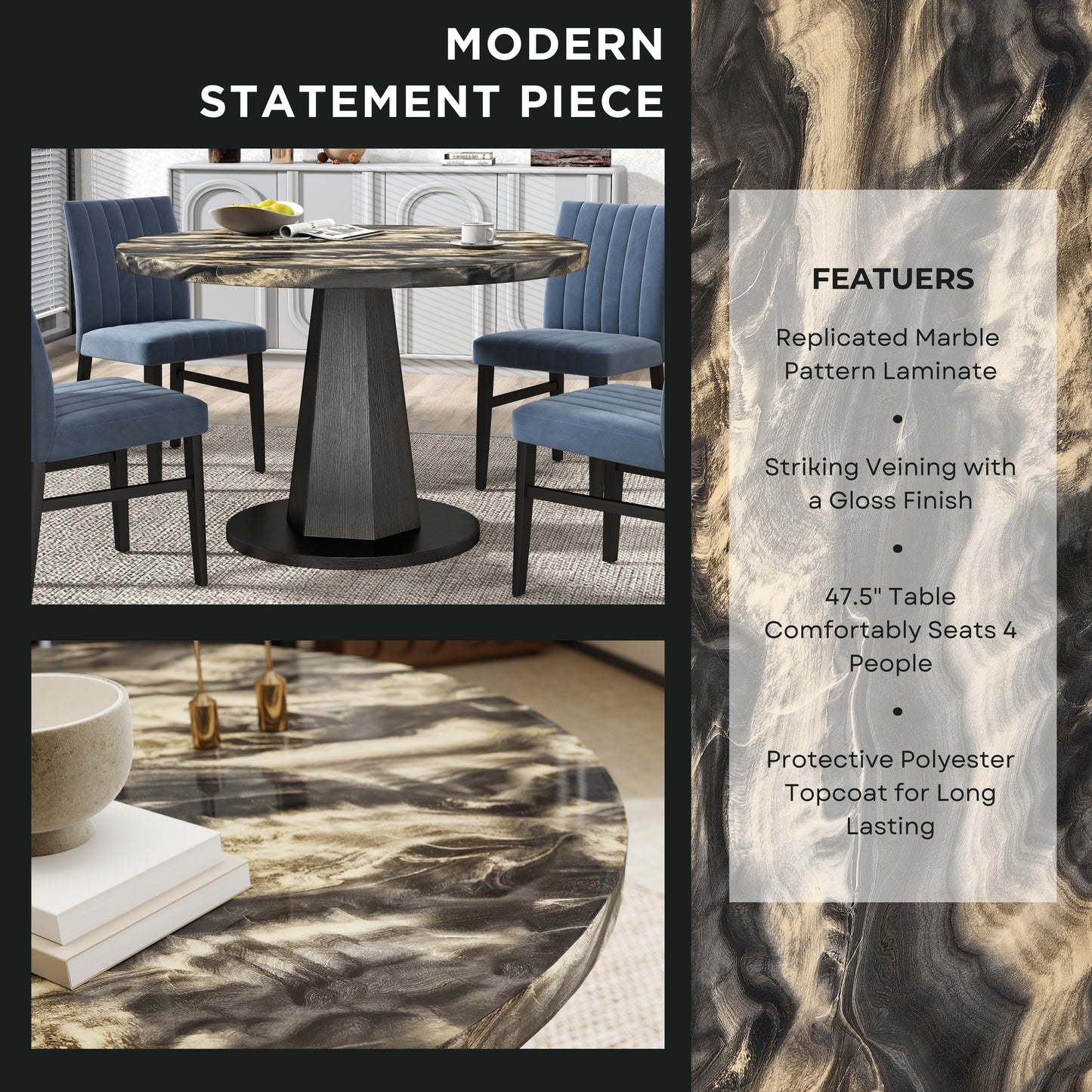 Roundhill Furniture Cavira 5-Piece Modern Dining Set, Faux Marble Dining Table with Four Chairs