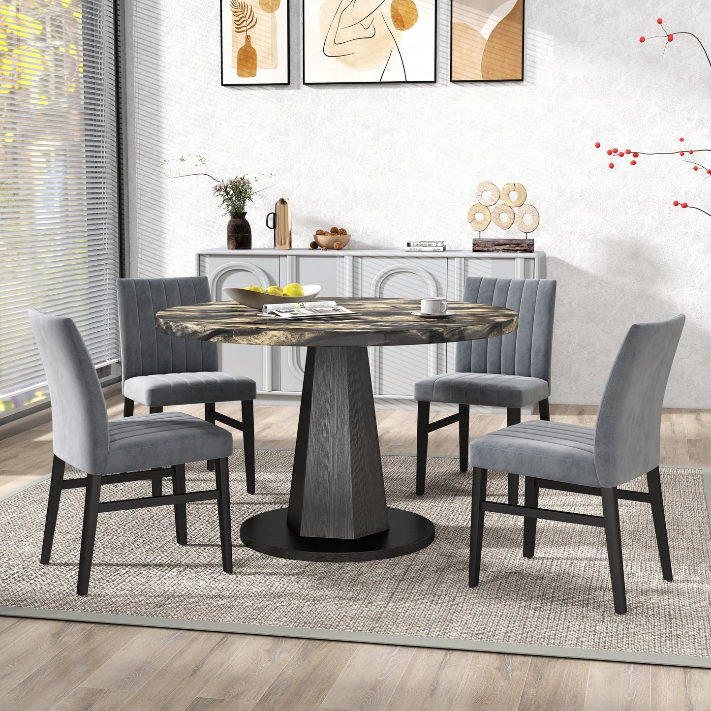 Roundhill Furniture Cavira 5-Piece Modern Dining Set, Faux Marble Dining Table with Four Chairs