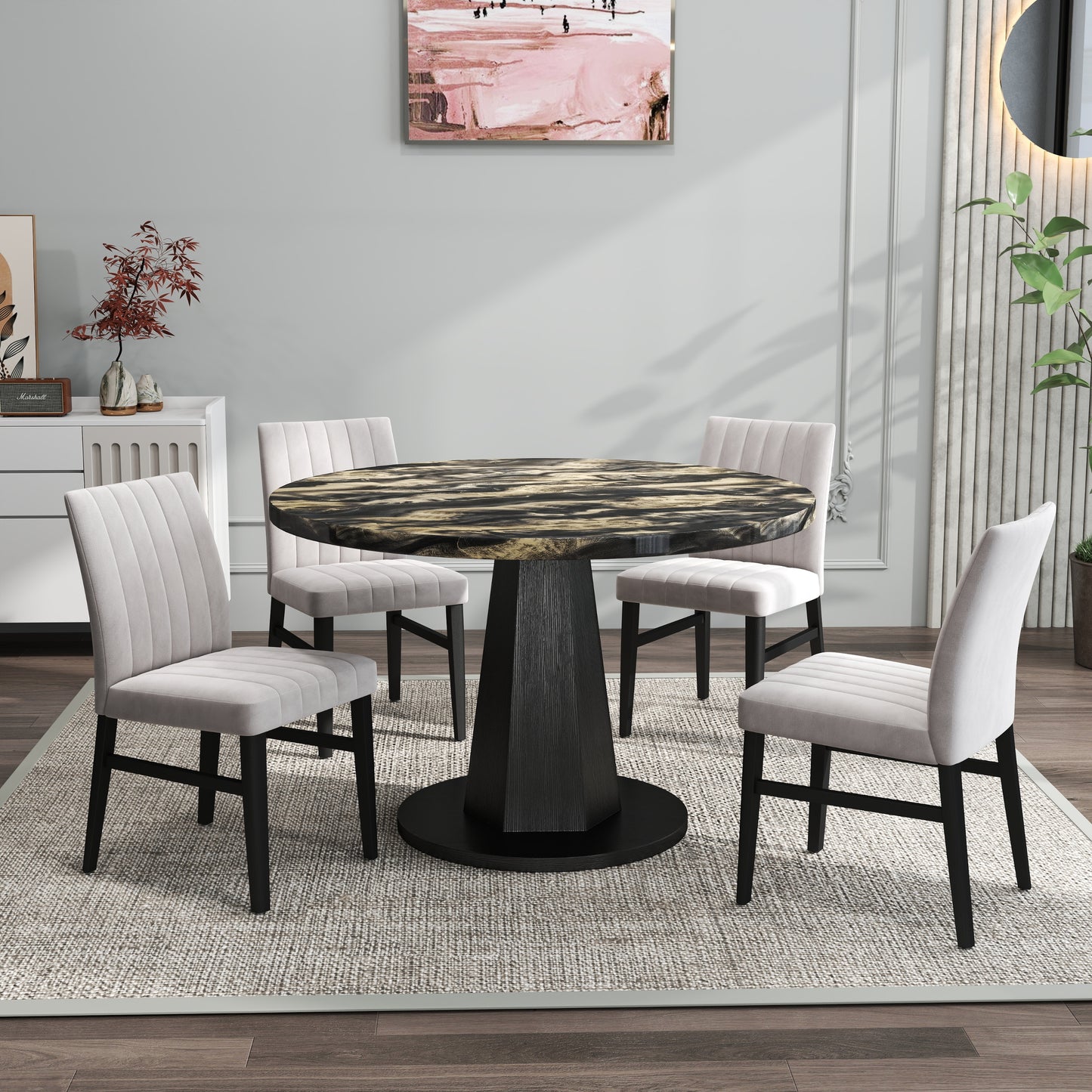 Roundhill Furniture Cavira 5-Piece Modern Dining Set, Faux Marble Dining Table with Four Chairs