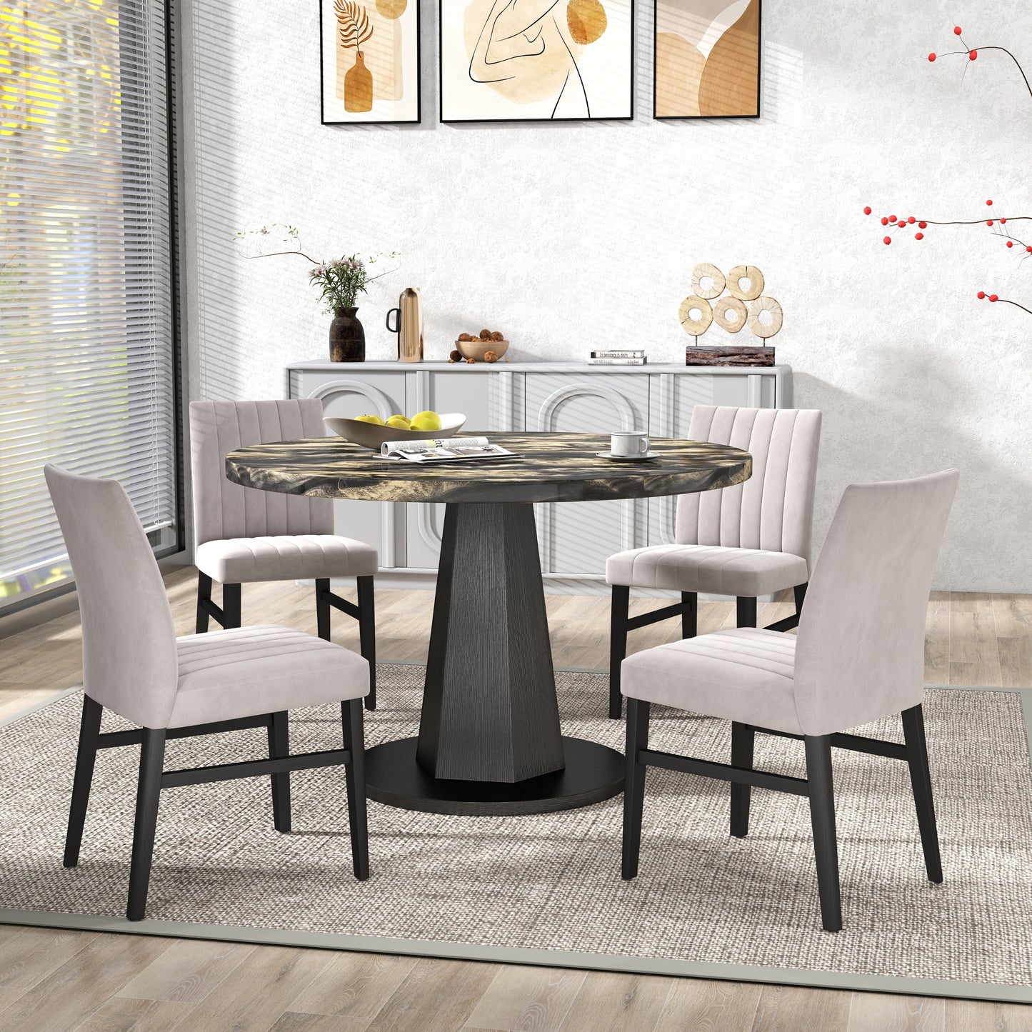 Roundhill Furniture Cavira 5-Piece Modern Dining Set, Faux Marble Dining Table with Four Chairs