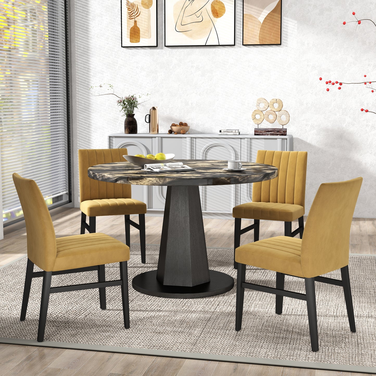 Roundhill Furniture Cavira 5-Piece Modern Dining Set, Faux Marble Dining Table with Four Chairs
