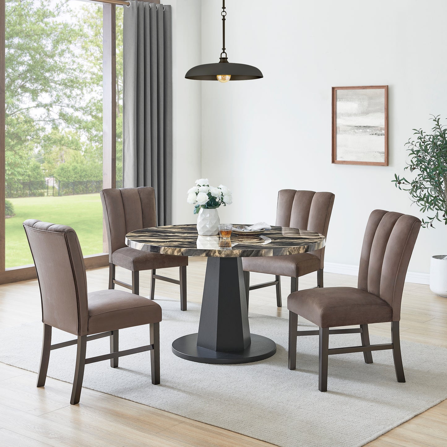 Roundhill Furniture Cavira 5-Piece Modern Dining Set, Faux Marble Dining Table with Four Upholstered Chairs